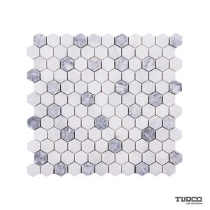 TUQCO Natural Stone 1" Hexagon Carrara - Silver Tumbled Marble Mosaic Tile