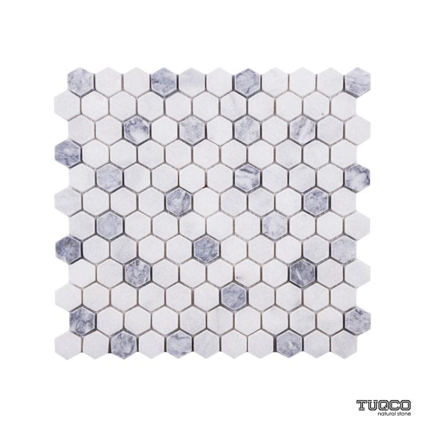TUQCO Natural Stone 1" Hexagon Carrara - Silver Tumbled Marble Mosaic Tile