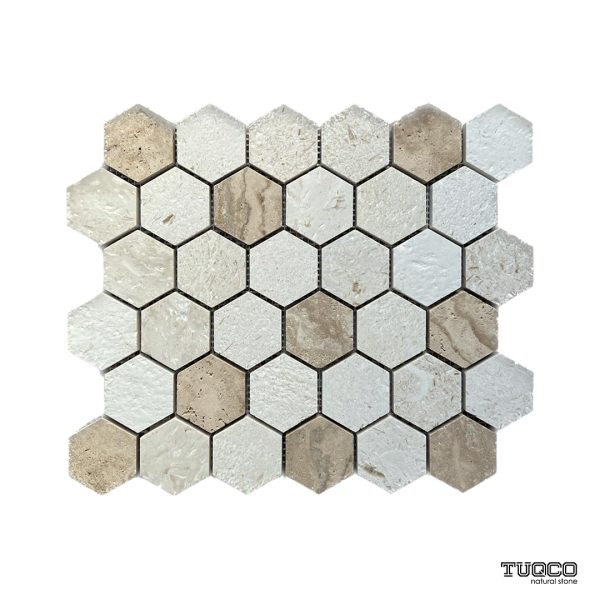 TUQCO Natural Stone 2" Hexagon Limestone - Travertine Valencia Brushed Marble Mosaic Tile