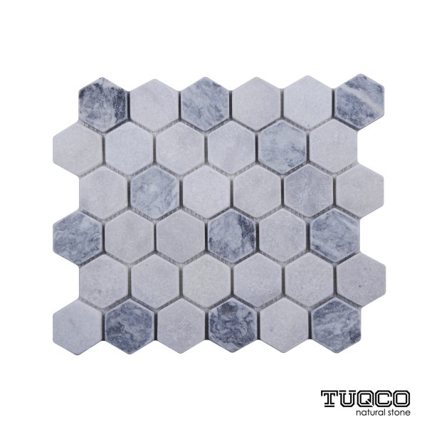 TUQCO Natural Stone 2" Hexagon Carrara - Silver Tumbled Marble Mosaic Tile
