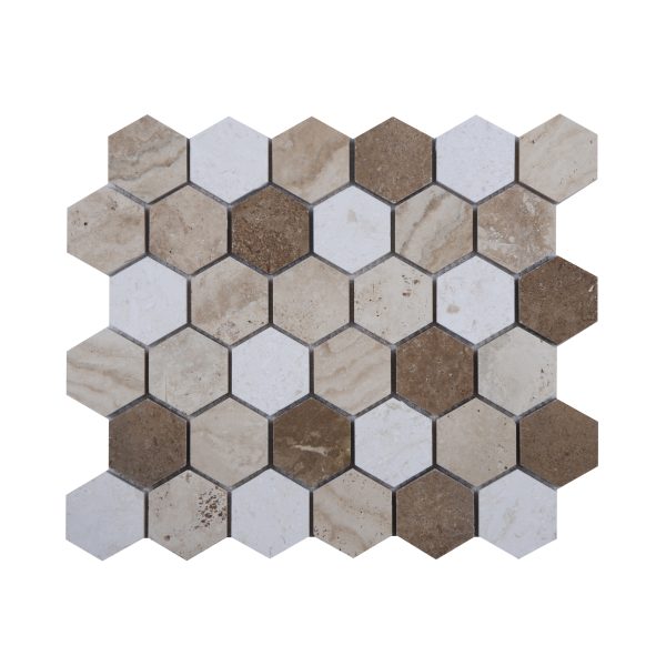 TUQCO Natural Stone 2" Hexagon Travertine Mix Honed Marble Mosaic Tile