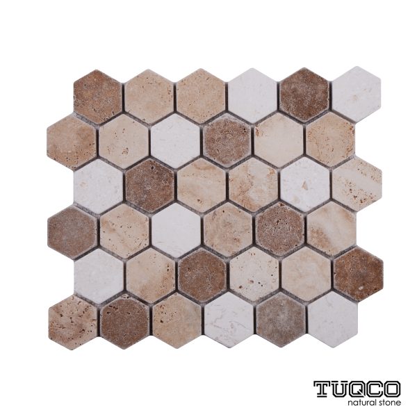 TUQCO Natural Stone 2" Hexagon Travertine Mix Tumbled Marble Mosaic Tile