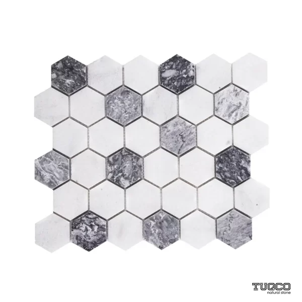 TUQCO Natural Stone 2" Hexagon Carrara - Silver Honed Marble Mosaic Tile