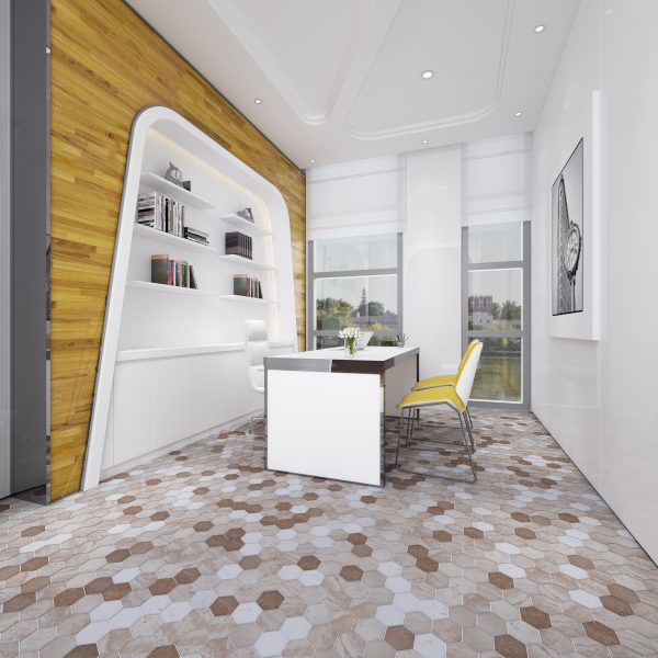 TUQCO Natural Stone 2" Hexagon Travertine Mix Honed Marble Mosaic Tile Study Room
