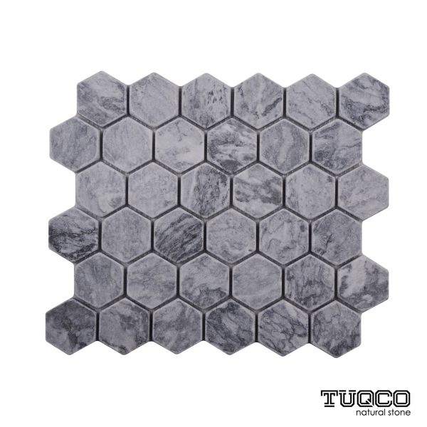 TUQCO Natural Stone 2" Hexagon Silver Tumbled Marble Mosaic Tile