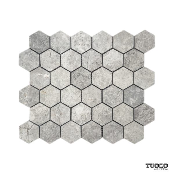 TUQCO Natural Stone 2" Hexagon Tundra Grey Polished Marble Mosaic Tile