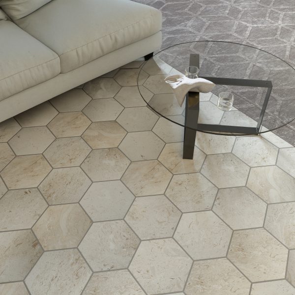 TUQCO Natural Stone 8 Inch Hexagon Limestone Brushed Marble Mosaic Tile Living room floor