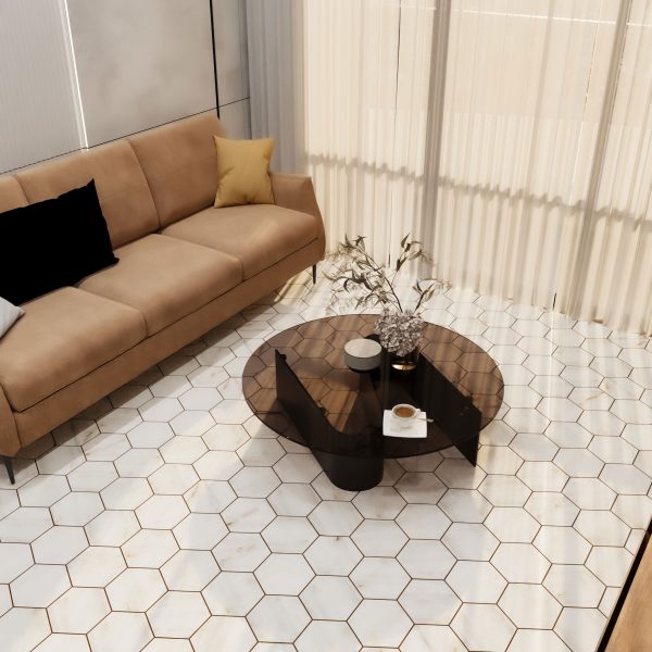 TUQCO Natural Stone 8 Inch Hexagon Carrara Gold Honed Marble Mosaic Tile display room