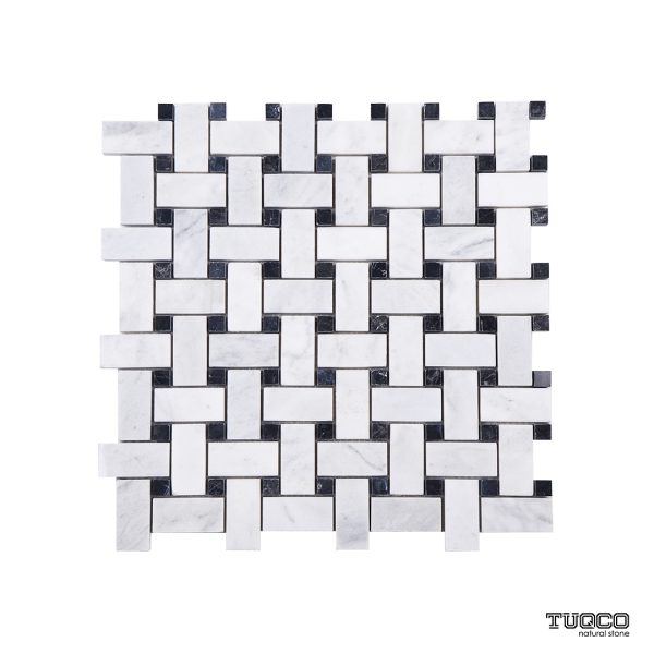 TUQCO Natural Stone Basketweave Carrara - Taurus Black Polished Marble Mosaic Tile