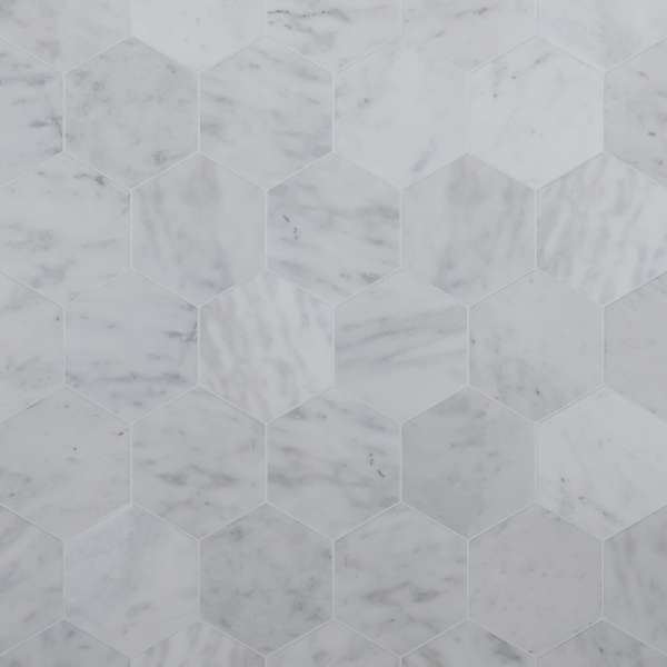 TUQCO Natural Stone 8 Inch Hexagon Carrara Honed Marble Mosaic Tile display