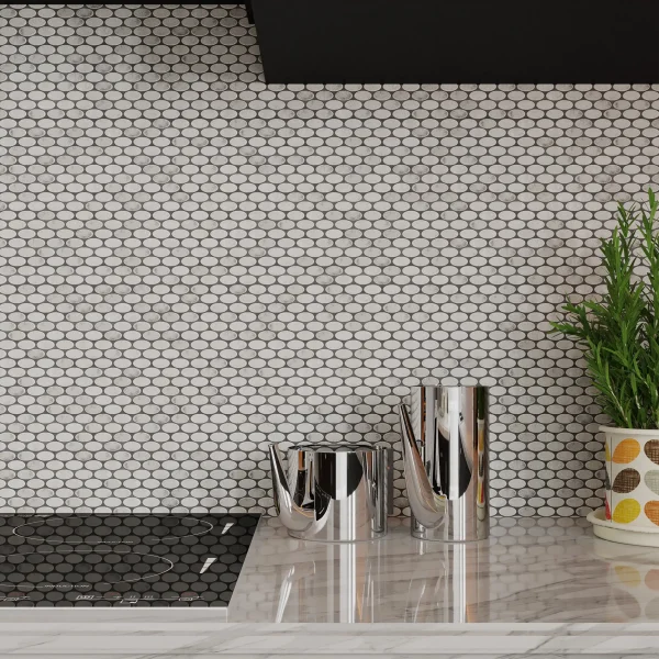 TUQCO Natural Stone Ellipse Carrara Tumbled Marble Mosaic Tile Kitchen