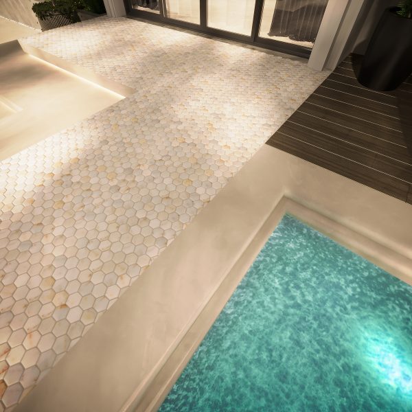 TUQCO Natural Stone 2" Hexagon Golden Tumbled Marble Mosaic Tile pool