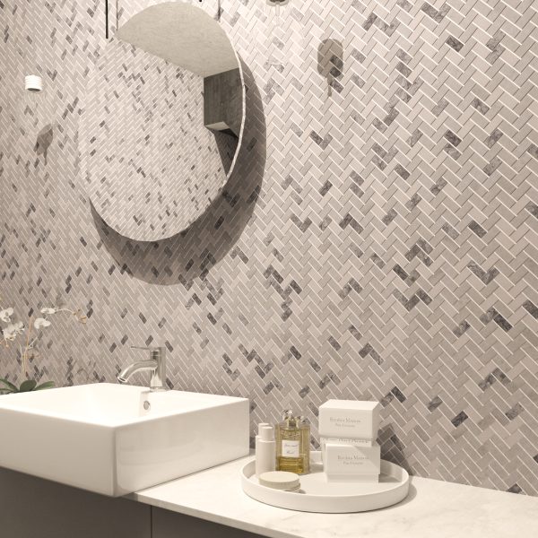TUQCO Natural Stone Herringbone Carrara - Silver Honed Marble Mosaic Tile - Image 2