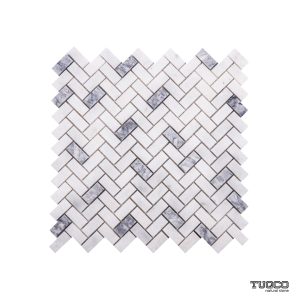 TUQCO Natural Stone Herringbone Carrara - Silver Tumbled Honed Marble Mosaic Tile