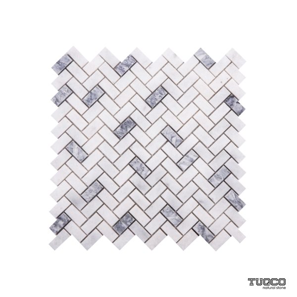 TUQCO Natural Stone Herringbone Carrara - Silver Tumbled Honed Marble Mosaic Tile