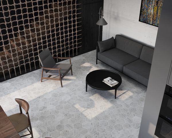 TUQCO Natural Stone 8 Inch Hexagon Carrara Honed Marble Mosaic Tile living room floor