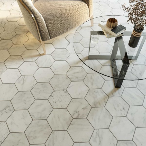 TUQCO Natural Stone 8 Inch Hexagon Carrara Honed Marble Mosaic Tile livin room floor 2