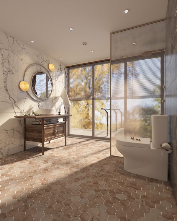 TUQCO Natural Stone 2" Hexagon Travertine Valencia Honed Marble Mosaic Tile Bathroom